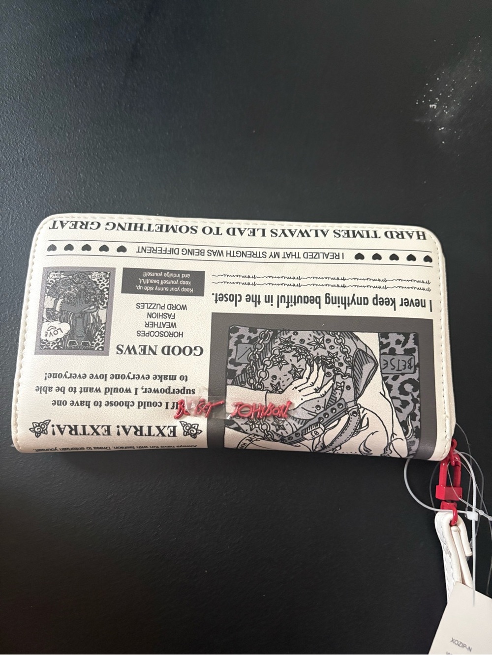 Betsey Johnson White & Black Newspaper Print Zip Wallet with Pink Logo